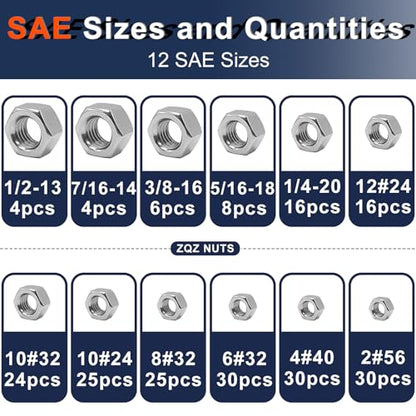 ZQZ 510 Pcs SAE & Metric Hex Nut Assortment Kit;304 Stainless Steel Nut Set - size: SAE and Metric Hex Nuts Assortment;510 PCS