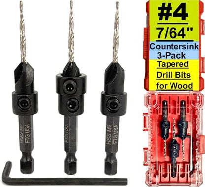 FTG USA 3-Pk #4 (7/64") Countersink Drill Bit Set, 1 Stop, 1 Wrench & Case - size: #4, style: 3 Pc with Depth Stop and Case
