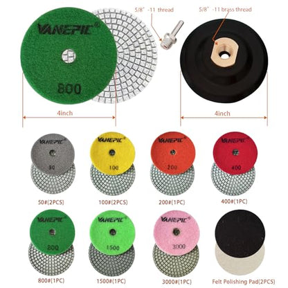 4 Inch Diamond Polishing Pads Marble polishing kit 50-3000 Wet/Dry Set 12 Pieces for Drill Grinder Polisher for Concrete Marble Quartz Stone Countertop Granite polishing refurbishment