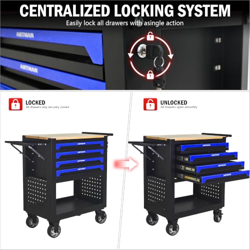 4 Drawers Rolling Tool Cart on Wheels, Wood Countertop Heavy Duty Tool Chest with Adjustable Shelf, Locking System, Rolling Tool Cabinet Trolley for Garage,Warehouses,Repair Shops (Blue) - color: Blue
