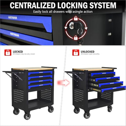4 Drawers Rolling Tool Cart on Wheels, Wood Countertop Heavy Duty Tool Chest with Adjustable Shelf, Locking System, Rolling Tool Cabinet Trolley for Garage,Warehouses,Repair Shops (Blue) - color: Blue