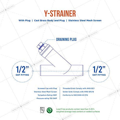 Midline Valve 322D234-5 Y-Strainer with Stainless Steel Mesh Screen, Pipeline Filter Valve, 1/2 in. Sweat, Cast Brass (5 Pack) - size: 1/2 in., style: 5 Pack