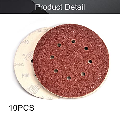 Utoolmart 10Pcs 7 Inch 8 Hole Hook and Loop Sanding Disc 40 Grit, Flocking Sandpaper for Random Orbit Sander - size: 40 Grit