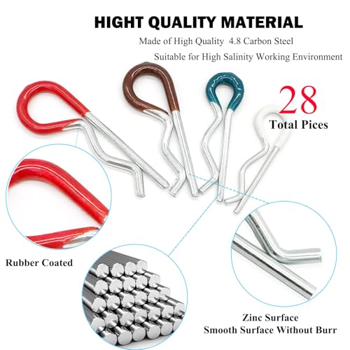28 Pcs Hitch Pins Clip R Clips Spring Retaining Wire Hair Pins Cotter Pin Strong Spring Rubber-Coated Grip R Clip for Trailer Tractors Mower Carts Truck Pin Clip 4Sizes M3x60 M3x50 M2.5x45 M2x40 - size: Rubber 28 pcs in 4 size