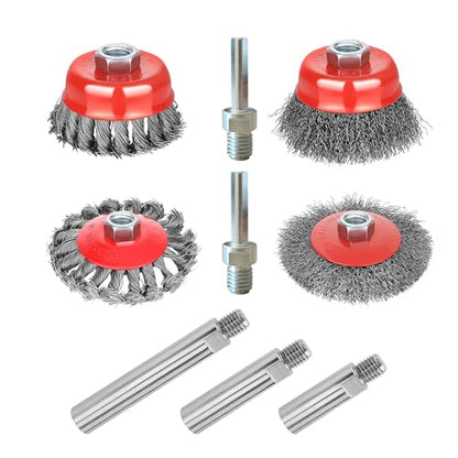 9 Pack Wire Wheel Brush kit with 5/8"-11 Thread Grinder Extension Rod & Drill Adapter,4" & 3" Wheel Cup Wire Brushes(Wire Wheel Set with Grinder Extension Rod & Drill Adapter) - style: Wire Wheel Set with Grinder Extension Rod & Drill Adapter