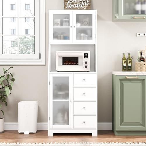 BOTLOG 64'' Kitchen Pantry Storage Cabinet, Tall Kitchen Storage Cabinet with Microwave Stand, Hutch Cabinet with Adjustable Shelves, for Dining Room (White) - color: White