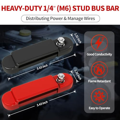 Marine Bus Bar 150A 1/4" Studs 12V Power Distribution Block with Cover, 12 Volt DC Copper Battery Busbar for Boat Automotive Solar Wiring (Positive & Ground)
