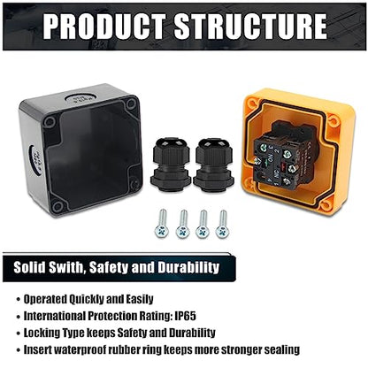 2-Packs Emergency Stop Push Button Switch,10A 660V with Waterproof Box IP65, 2pcs PG13.5 Black Connectors (1NO 1NC, 2)