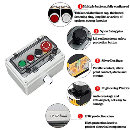 Lockable E-Stop Red/Green Momentary Buttons & Selector Switch IP67 Station - color: Single-row four-hole button box