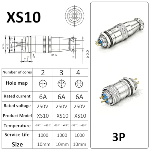 CLYXGS [4 Pack] XS10 Aviation Connector Plug & Socket, 3 Pin, Quick Push-Pull Ball Detent Locking, 10mm Panel Cutout, 6A 250V Industrial Metal Wire Connector Adapter (XS10-3P) - style: XS10-3
