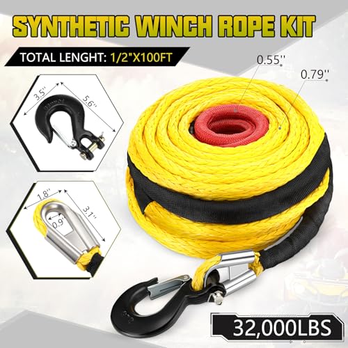 Marsui 1/2" x 100 ft Synthetic Winch Rope Cable Kit, 32000lbs, Yellow - color: Yellow, size: 1/2" X 100 ft