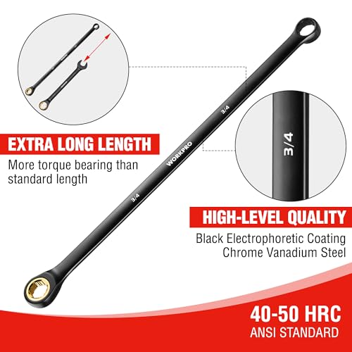 WORKPRO Extra Long Ratcheting Wrench Set, 9-Piece Anti-Slip Double Box End Wrench Set, SAE 5/16-3/4 in, 72-Tooth, Cr-V Steel and Black Electrophoretic Coating Wrenches with Rolling Pouch - size: SAE