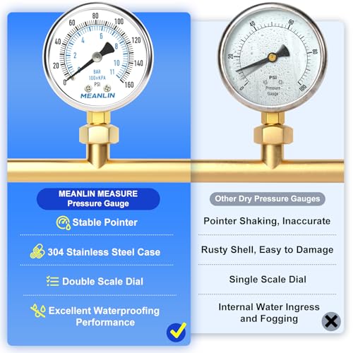 MEANLIN MEASURE 0~160Psi Dry Pressure Gauge Stainless Steel 1/4" NPT 2" FACE DIAL Waterproof for Air Compressor RV Regulator Water Pressure Tester Black Mount, with 1/2" NPT and 3/8" NPT Hex Bushing - size: 0-160Psi