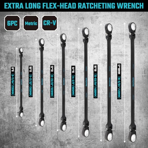 DURATECH Extra Long Flex-Head Ratcheting Wrench Set, 6-Piece, Metric - size: 8-19mm, Black