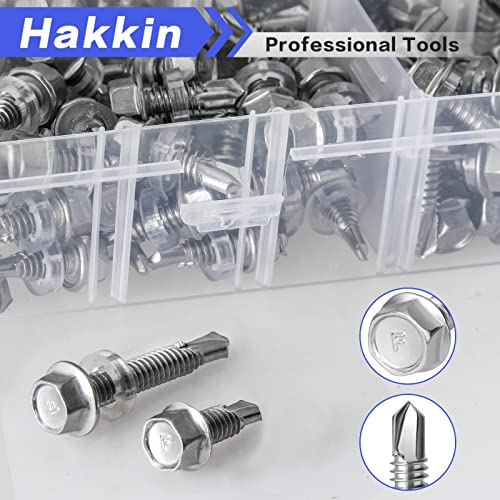 #8#10#12 Hex Washer Head Self Drilling Tek Screw Assortment Kit, 400PCS Stainless Steel Self Tapping Screws for Metal, Hakkin Sheet Metal Tek Screws with Rubber Washer, Length 1/2" to 2" - size: A #8#10#12 Hex Washer Head Silver (400pcs)