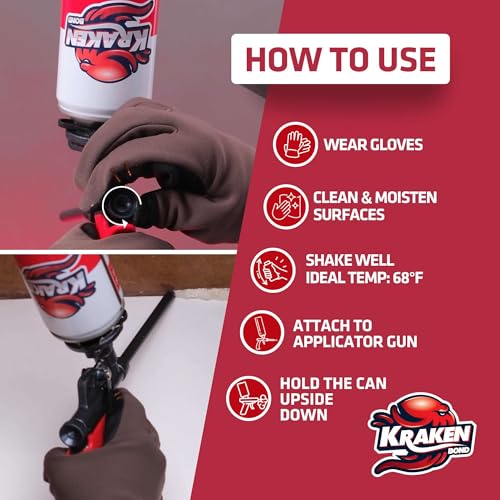 Kraken Bond Window & Door Expanding Foam Sealant - (2x24oz) Professional Gap Filling Gun Use Polyurethane Spray Foam, Low Expansion Waterproof Gap Filler, Gun&Cleaner Included - 2 Pack - size: 2 Pack
