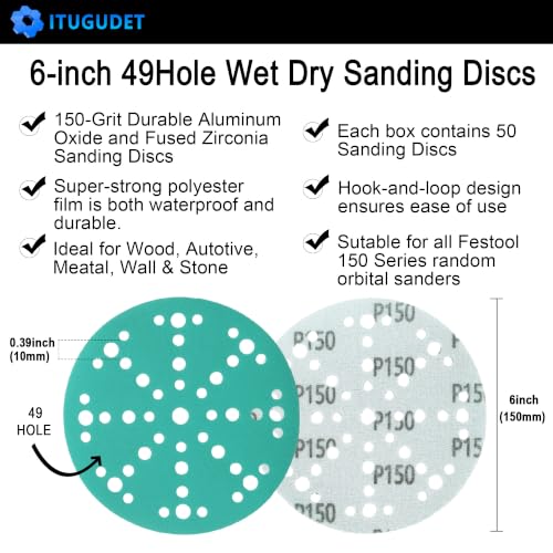 6 Inch 49 Hole Wet Dry P150 Grit Sanding Discs - 50 Pack Box - color: 150 Grit, size: 6 Inch 49 Hole