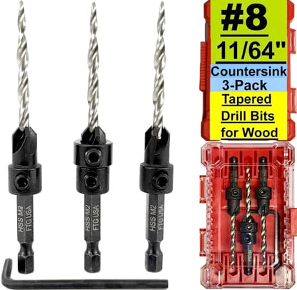 FTG USA 3-Pk #8 (11/64") Countersink Drill Bit Set, 1 Stop, 1 Wrench & Case - size: #8, style: 3 Pc with Depth Stop and Case