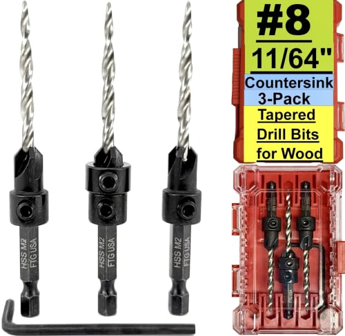 FTG USA 3-Pk #8 (11/64") Countersink Drill Bit Set, 1 Stop, 1 Wrench & Case - size: #8, style: 3 Pc with Depth Stop and Case