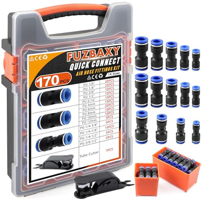 Fuzbaxy170PCS Pneumatic Push-to-Connect Fittings Kit, 1/8" 1/4" 3/8" 1/2" 5/16" NPT Air Hose Connectors with PG Reducer, PA66 Nylon Quick Coupler for Air Compressor, Spray Gun, Water Line & RO System - color: 170PCS with PU/PG