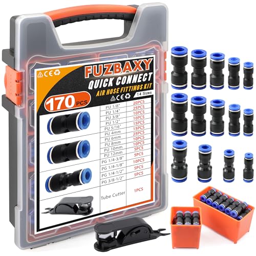 Fuzbaxy170PCS Pneumatic Push-to-Connect Fittings Kit, 1/8" 1/4" 3/8" 1/2" 5/16" NPT Air Hose Connectors with PG Reducer, PA66 Nylon Quick Coupler for Air Compressor, Spray Gun, Water Line & RO System - color: 170PCS with PU/PG