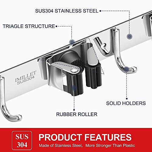 IMILLET 2 Pack Broom Holder Wall Mount Stainless Steel Mop Organizer - color: Stainless Steel - 3 Racks with 4 Hooks, size: 2 Pack