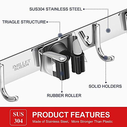 IMILLET Broom Holder Wall Mount Stainless Steel Mop Organizer - color: Stainless Steel - 3 Racks with 4 Hooks, size: 1 Pack