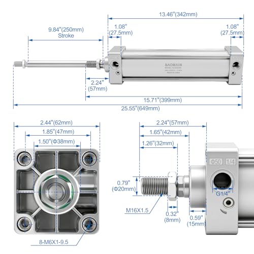 BAOMAIN Pneumatic Air Cylinder 2" Bore 10" Stroke SC50x250