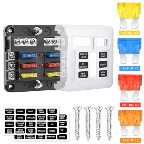 6 Way 12V Fuse Box Blade with LED Indicator Damp-Proof Cover - Individual Positive Fuse Holder with Ground Bus Holder for 12V/24V Vehicle Car Boat Marine Truck - color: 6 Way