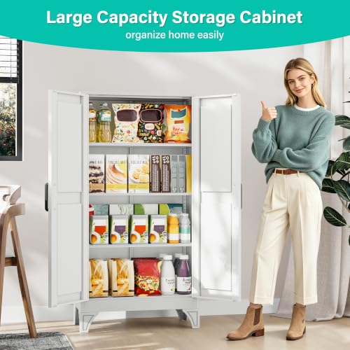 SISESOL 47" Tall Metal Pantry Cabinet,Farmhouse Kitchen Pantry Storage Cabinet with 2 Doors and 3 Shelves,White Storage Cabinet,Large Cupboard for Home,Kitchen,Dining/Living Room/Bathroom - color: White, size: 47.3"H
