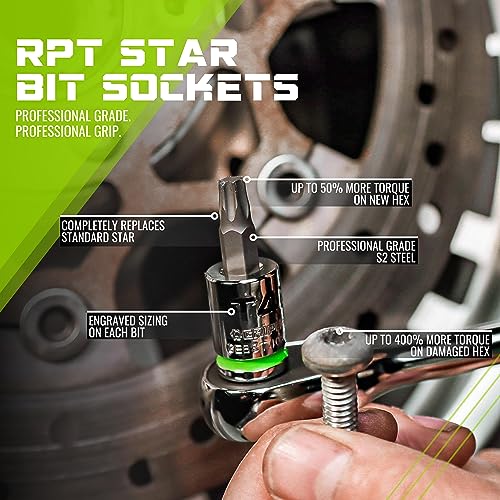 GRIPEDGE Tools | 9PC RPT Star Driver Set | Sizes T6 - T40 | 1/4'' Drive | Made With S2 Steel | Includes Premium Aluminum Socket Rail |
