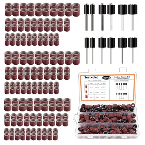 Sanding Drum Set for Most Rotary Tools-Includes 138 Aluminum Oxide Sanding Sleeves for Drum Sanders (80,120,240 Grit) and 12 Drum Mandrels-Sanding Bits Tool Accessories with Box - color: 150PCS-2 STYLES