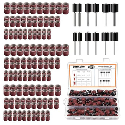 Sanding Drum Set for Most Rotary Tools-Includes 138 Aluminum Oxide Sanding Sleeves for Drum Sanders (80,120,240 Grit) and 12 Drum Mandrels-Sanding Bits Tool Accessories with Box - color: 150PCS-2 STYLES