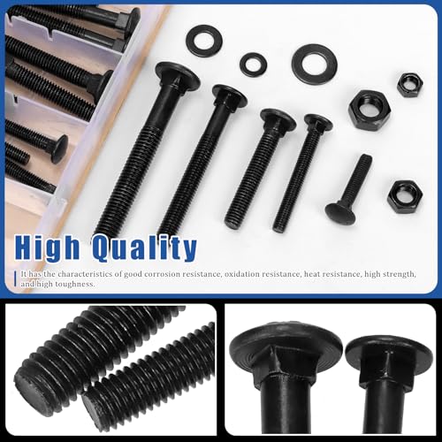 Glarks 60pcs M6 M8 M10 Carriage Bolts Screws, Round Head Square Neck Bolts, Square Neck Carriage Bolts Screws with Nuts and Washers for Machinery Industry - color: Black