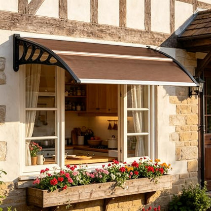 58.5x35 Inch Patio Window Awning Shade, Polycarbonate Door Entrance Canopy Cover Protection for Sunshine & Rain, Tea with Black Edge - color: Black + Tea