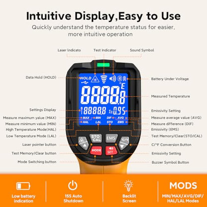 Infrared Thermometer Temperature Gun 3992°F 50:1, - color: -58°F to 3992°F