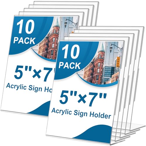 10 Pack Acrylic Sign Holder 5 x 7, L-Shape Clear Plastic Display Stand for Tabletop, Acrylic Stands for Flyers, Table Paper Holder, Vertical Sign Holder 5x7 for Restaurants, Office and School (Slant 10 Pack 5x7) - size: Slant 10 Pack 5x7