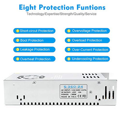 inShareplus 24V 15A 360W, DC Universal Regulated Switching Power Supply, Converter AC 100-240V to DC 24 Volt LED Driver, Transformer,Adapter for LED Strip Light, Computer Project - style: 24V 360W