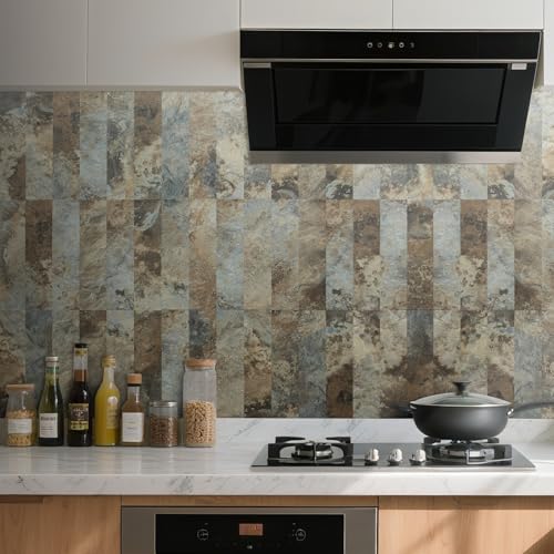 AULIGET 40-Piece Beige & Brown Slate Peel and Stick Backsplash Wall Tiles, 3" x 12" PVC Faux Stone Stick on Tiles for Backsplash Kitchen, Bathroom, Laundry Room, Camper, Fireplace - color: Beige & Brown Slate, size: 40 Pieces, 3"x12"x0.12"