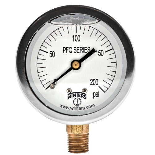Winters 2-1/2" Dial Size, Liquid Filled Industrial Pressure Gauge, Brass Internals, 304 Stainless Steel Case, Single Scale 0-200 psi, 1.5% Acc, 1/4" NPT Bottom Mount, Glycerin Filled Pressure Gauge - style: 0/200 PSI