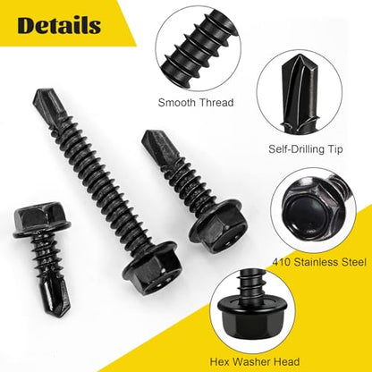 170Pcs #8#10 Hex Washer Head Self Tapping Sheet Metal Screws Kit - size: 170pcs #8#10 Black
