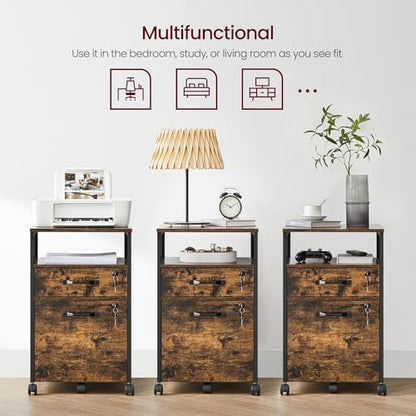 VASAGLE 2 Drawer File Cabinet with Lock, Rolling Printer Stand - color: Rustic Brown + Ink Black, size: with Lock and Fences