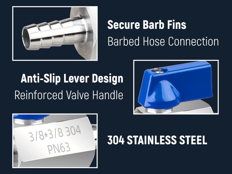 1/4 Inch Barb Ball Valve, Mini 304 Stainless Steel Inline Shut Off Valve for Fuel/Water/Air/Gas Lines, Heavy Duty Hose Barb Fitting with 2 Hose Clamps, 1-Pack - size: 1/4 inch