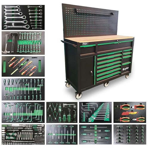 13-Drawers Rolling Tool Cabinet with Wood Workbench,Pegboard,60.6W x 22.7D x 66.1H inch,Heavy-Duty Steel Tool Storage,Lock & Key for Home,Garbge or Workshop Use(13 Drawer + 348 Pieces Tools)
