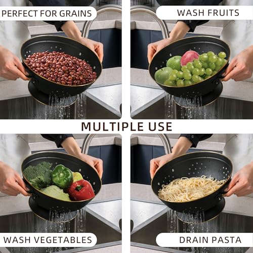 Metal Colander Set of 2, Strainer Basket with Handles perfect for Spaghetti, Pasta, Berry, Vegetable, Fruit, Solid Base Powder Coated Self-draining Kitchen Colander Bowel, 3.5 & 5 Qt, Matte Black - color: M-BLACK