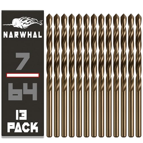 Narwhal 7/64 Inch Cobalt Drill Bits (13 Pack - Industrial Grade M35 Cobalt) 2-3/8" Length & 135 Degree Split Point for Drilling Into Metal, Hardened & Stainless Steel, Cast Iron, & More! - size: 7/64 in