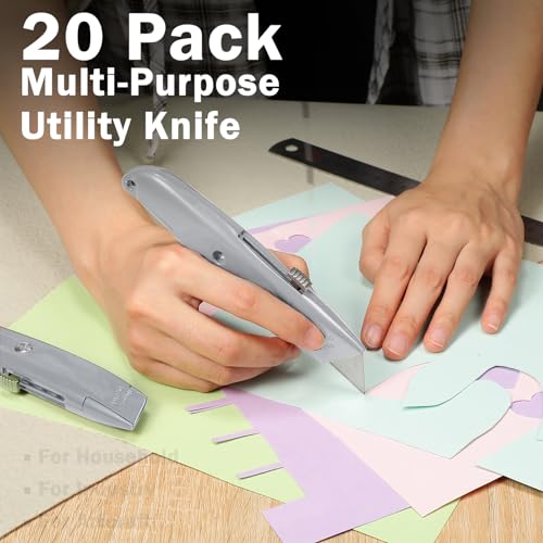 Reginary 20 Pcs Box Cutter Bulk Retractable Utility Knife, Silver - color: Silver