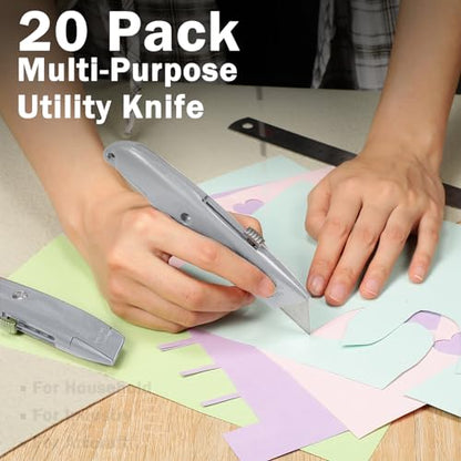 Reginary 20 Pcs Box Cutter Bulk Retractable Utility Knife, Silver - color: Silver