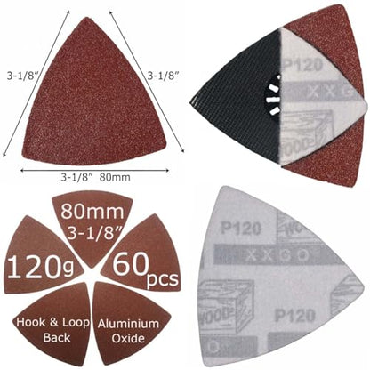 XXGO 60 Pcs 120 Grits 3-1/8 Inch 80mm Triangle Sanding Pads XG8020120 - size: 3-1/8 Inch Triangle - 120 Grit - 60 Pcs