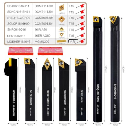 Indexable Lathe Turning Tool 21Pcs Kit 5/8" (16mm) Shank for Metal - size: 7pcs 5/8'' 16mm Shanks+14pcs Inserts